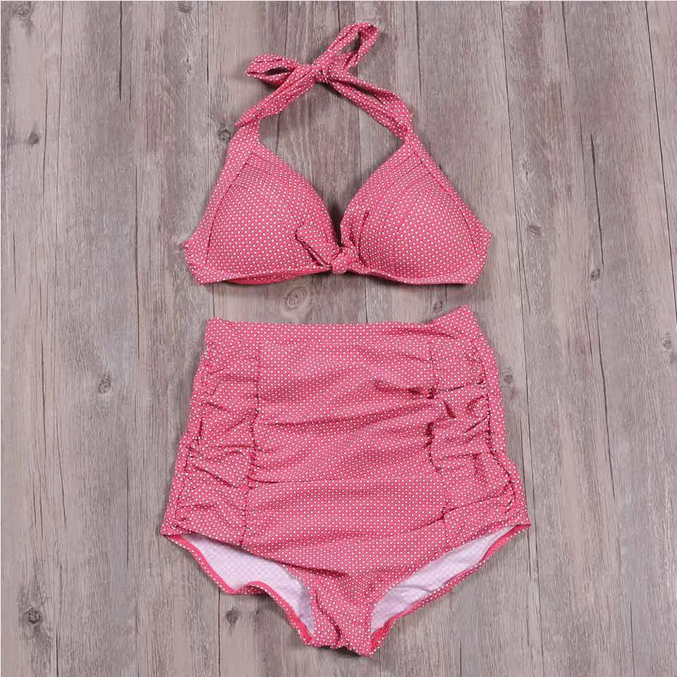 SUNRAINBOW 2019 Bikini Set New High Waist Push Up Swimsuit Bikinis Women Solid Print Swimwear Vintage Retro Halter Bathing Suit |