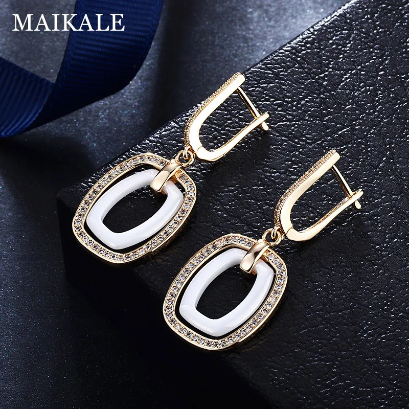 MAIKALE, новинка, модные квадратные Висячие серьги, медь, AAA, кубический цирконий, черный, белый, керамический, золотой, серебряный цвет, серьги для женщин, подарок