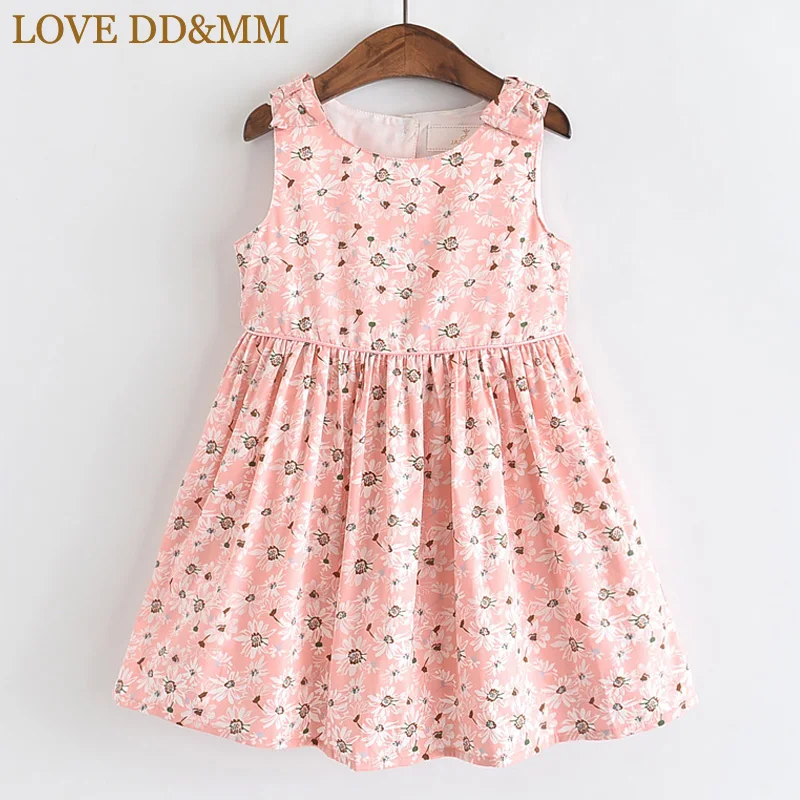 Розовый Платья для девочек с надписью «LOVE DD& MM» Новинка года, летняя детская одежда милое платье-майка без рукавов с цветочным принтом и круглым вырезом и бантом для девочек - Цвет: Розовый