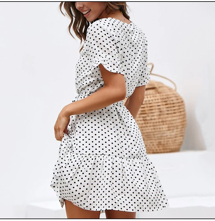 SINRGAN Короткое платье в горошек Женщины Повседневные мини-платья Bodycon с поясом V-образным вырезом Летнее вечернее платье для девочек