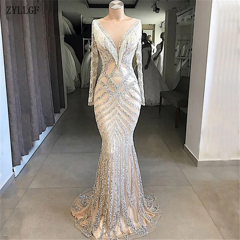 ZYLLGF African Nude Beaded Mermaid Evening Dresses Aibye Arabic Turkish Long Sleeve Prom Dress For Party Robe De Soiree MC27 | Свадьбы и