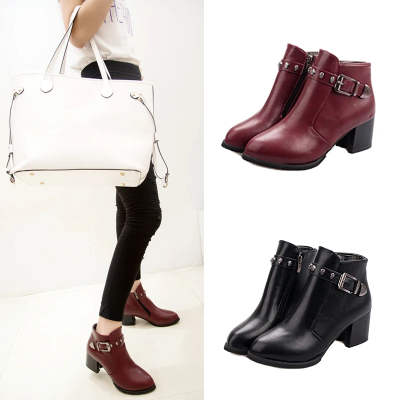 Зима осень женщины платформы квадратный каблук ботильоны краска кожаные сапоги