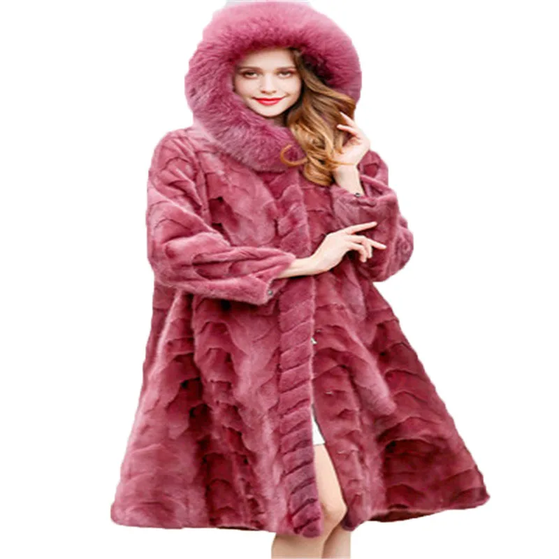 2019 New Winter Imported Mink Fur Long Paragraph Spell Mink Coat Women With Hood XL Women's Winter Fur Coat 527