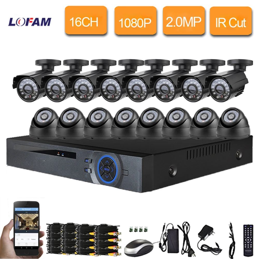 LOFAM 16CH 2MP 1080P CCTV System HDMI DVR 8PCS Bullet Outdoor Dome Indoor Home Video Security Cameras Surveillance | Безопасность и