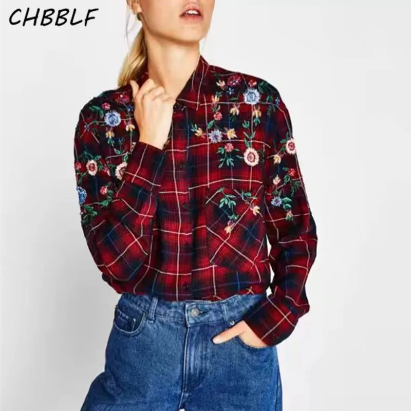 

New European women Embroidered shirt turn-down collar plaid blouse fashion tops S1287