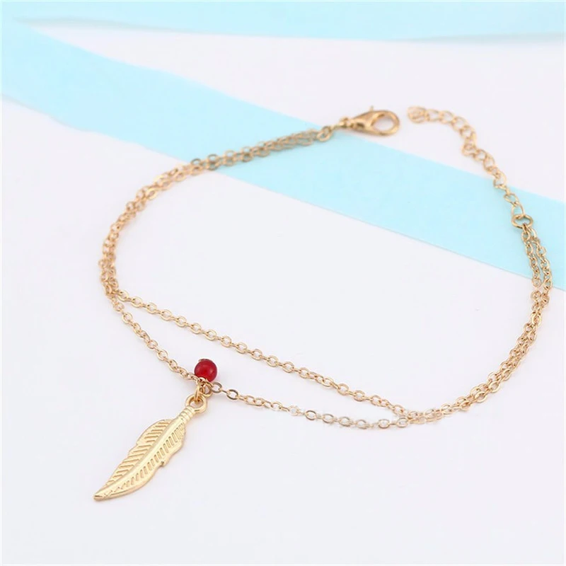 

Leaf Feather Anklets For Women Ankle Bracelets Foot Leg Jewelry Double Chain Red Beads Tassel