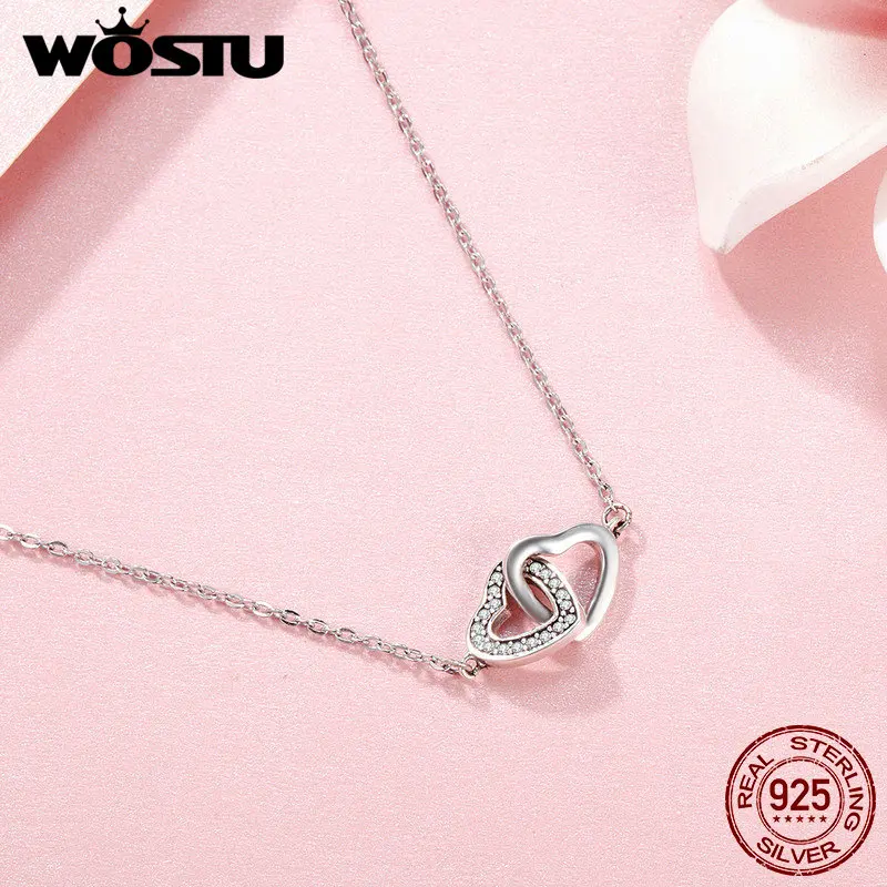 WOSTU, 925 пробы, серебряное, соединенное сердце, пара, сердце, подвеска, ожерелье для девушки, серебряные ювелирные изделия, подарок на день Святого Валентина, DXN181