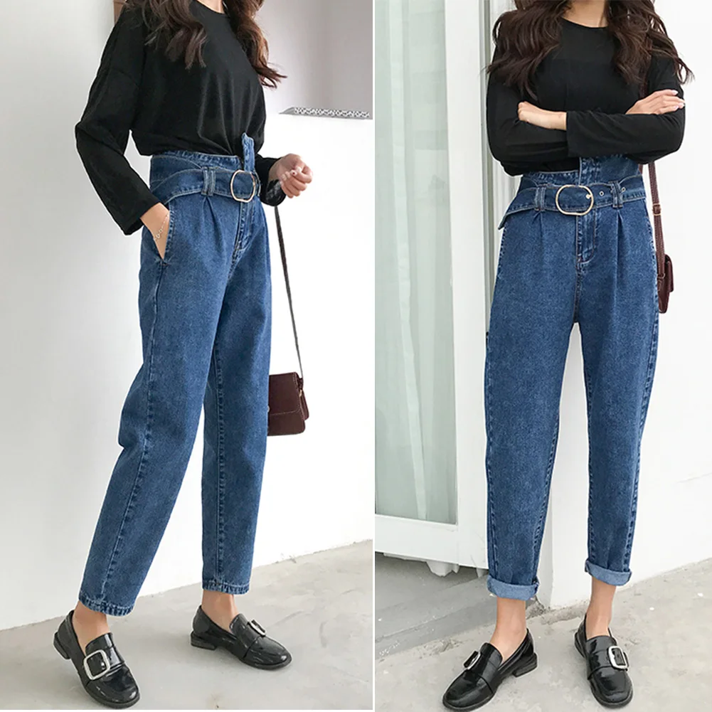 Новинка для женщин Высокая талия Drawsting модные повседневное джинсовые Свободные