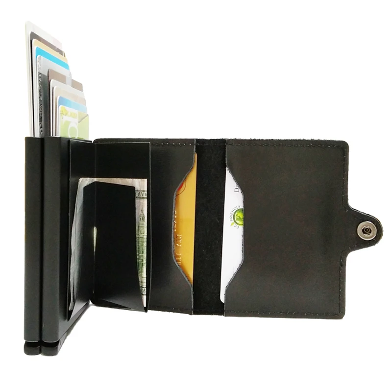 VM FASHION KISS Genuine Leather Double Aluminum Box RFID Safe Card Wallet Credit Card Information Anti-theft Brush Card Holder