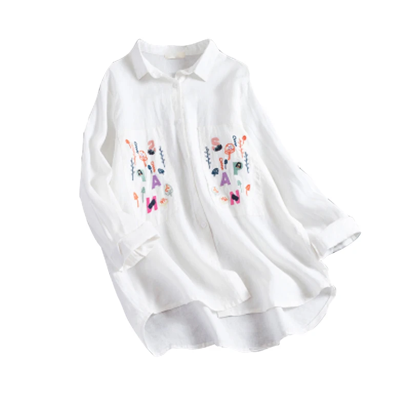 

Женская блузка с вышитыми буквами, футболка с аппликацией из мультфильма, свободная хлопковая льняная рубашка с длинным рукавом, весна 2018