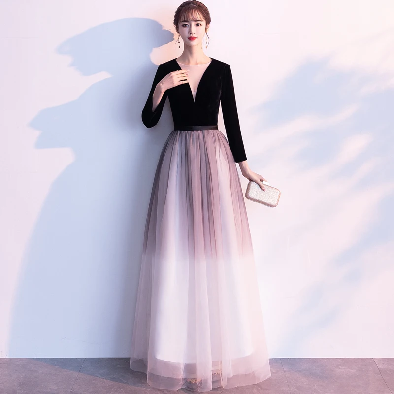 

Black Tulle Long Evening Dresses 2020 V-Neck Formal Wedding Party Dress robe de soiree Bride Reception Gown LF318