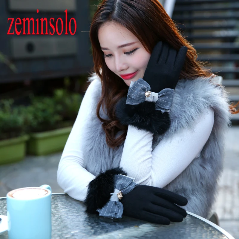 Модные однотонные женские шерстяные кашемировые зимние перчатки с бантом для сенсорных экранов, варежки из кроличьего меха, элегантные длинные перчатки из натуральной кожи