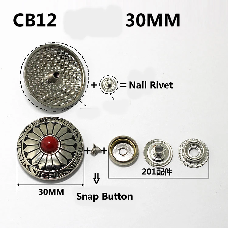 CB12 R30mm Серебристые металлические кнопки, заклепки для ногтей с украшением из бисера для кожевенного ремесла, кожаные аксессуары для шитья - Цвет: CB12 R30mm