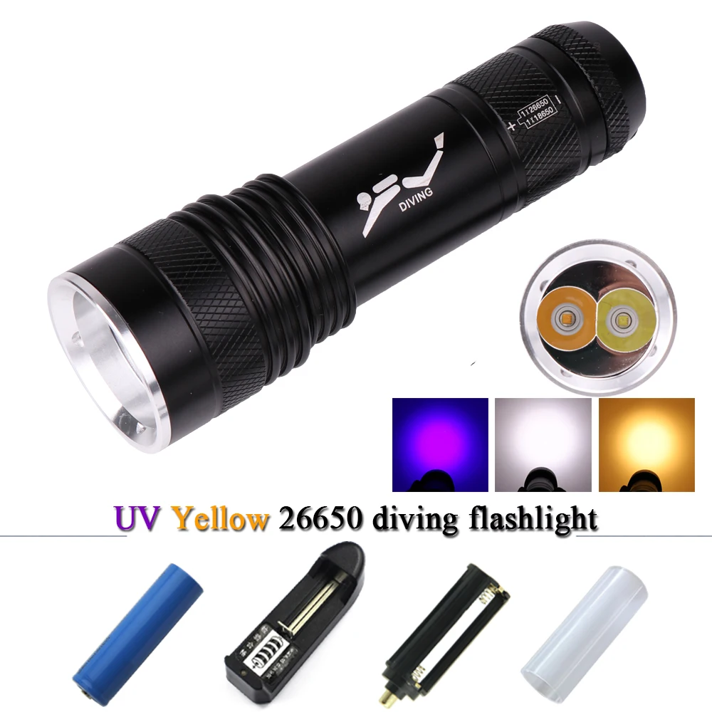 УФ желтый белый свет Дайвинг фонарик 26650 XML T6 L2 подводный lanterna lampe torche