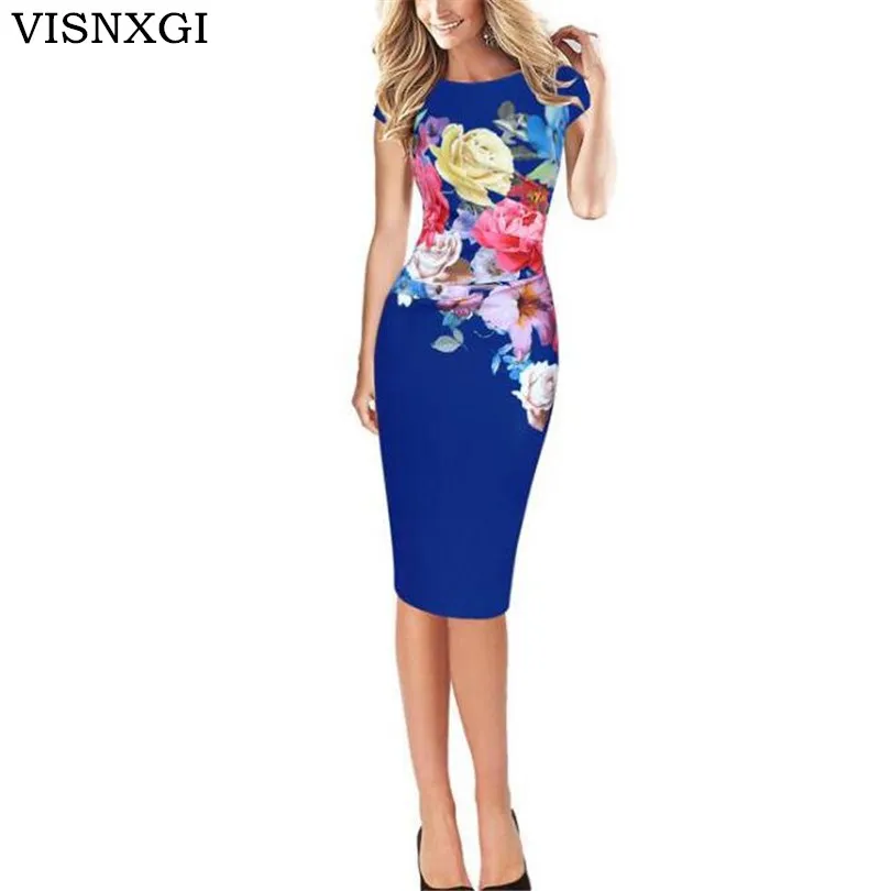 

VISNXGI Summer Floral Women Dress Ladies Office Party Vestido Female Slim Sheath Bodycon Sheath Printed O-Neck Zipper Clothes