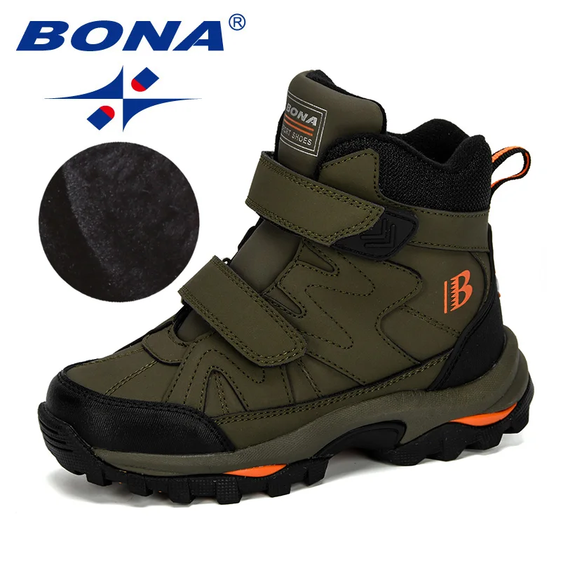 Army green orange BONA/ г. Новые Популярные стильные зимние детские ботинки модная Водонепроницаемая теплая обувь для мальчиков и девочек детские толстые Нескользящие ботинки - Цвет: Army green orange