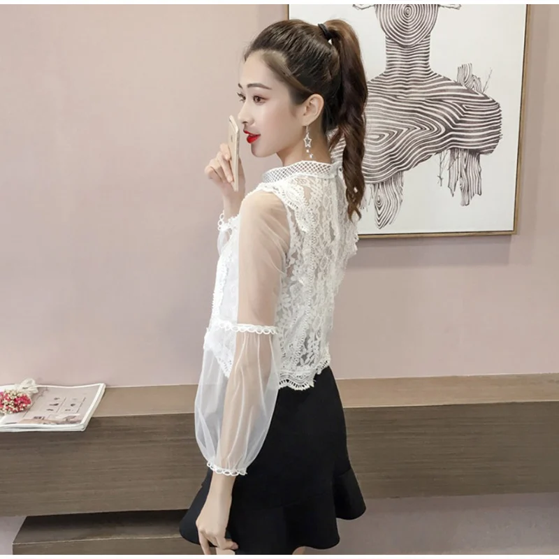 Кружевные прозрачные цветочные женские блузки с рукавом-фонариком, сетчатые ультра тонкие черные белые рубашки, женские осенние летние сексуальные женские топы
