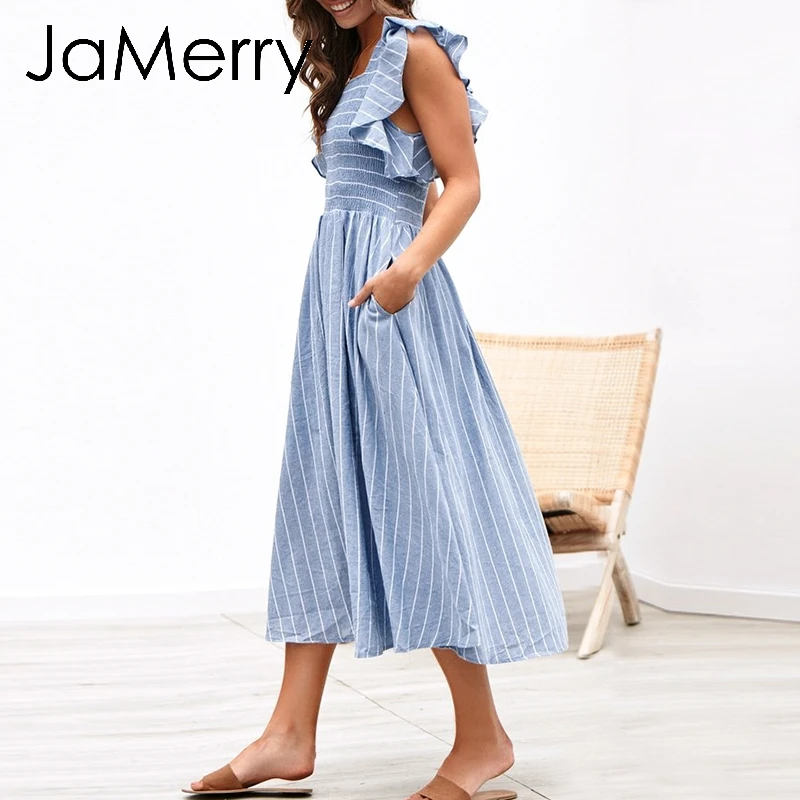 JaMerry, винтажное, бохо, в полоску, женское, длинное платье, с рюшами, льняное, белое, хлопковое, летние платья,, повседневное, праздничное, женское, Пляжное, vestidos