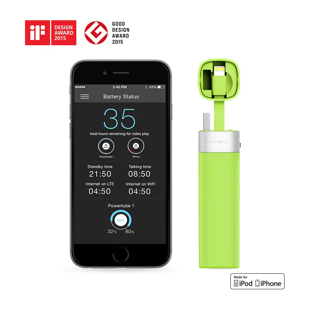 MIPOW power Bank Аккумулятор 3000 мАч Smart APP портативное мини зарядное устройство с MFI кабелем Lightning для iPhone 6 6S 7 8 Plus iPod Apple - Цвет: Natural Green