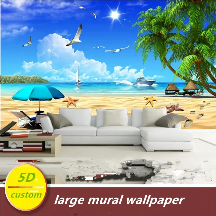 

Custom 5D silk large murals wallpaper seaside seascape beach murals coconut trees mediterranean wallpaper natural landscape back