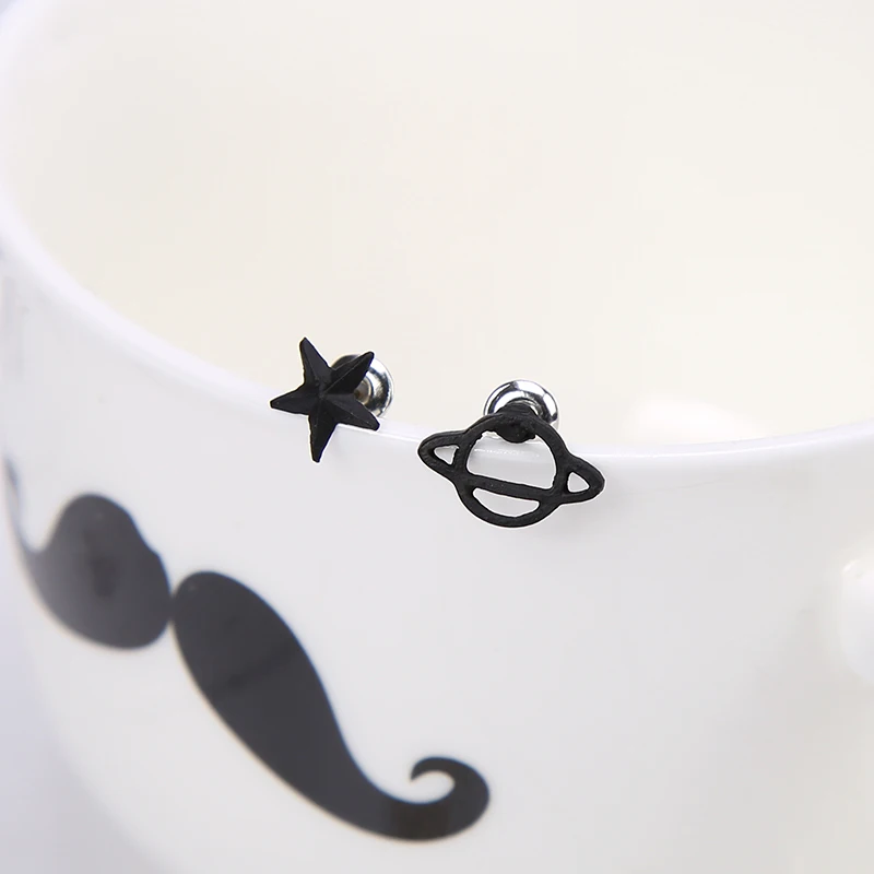 

Black Planet Earth & Star Asymmetrical Small Stud Earrings for Women