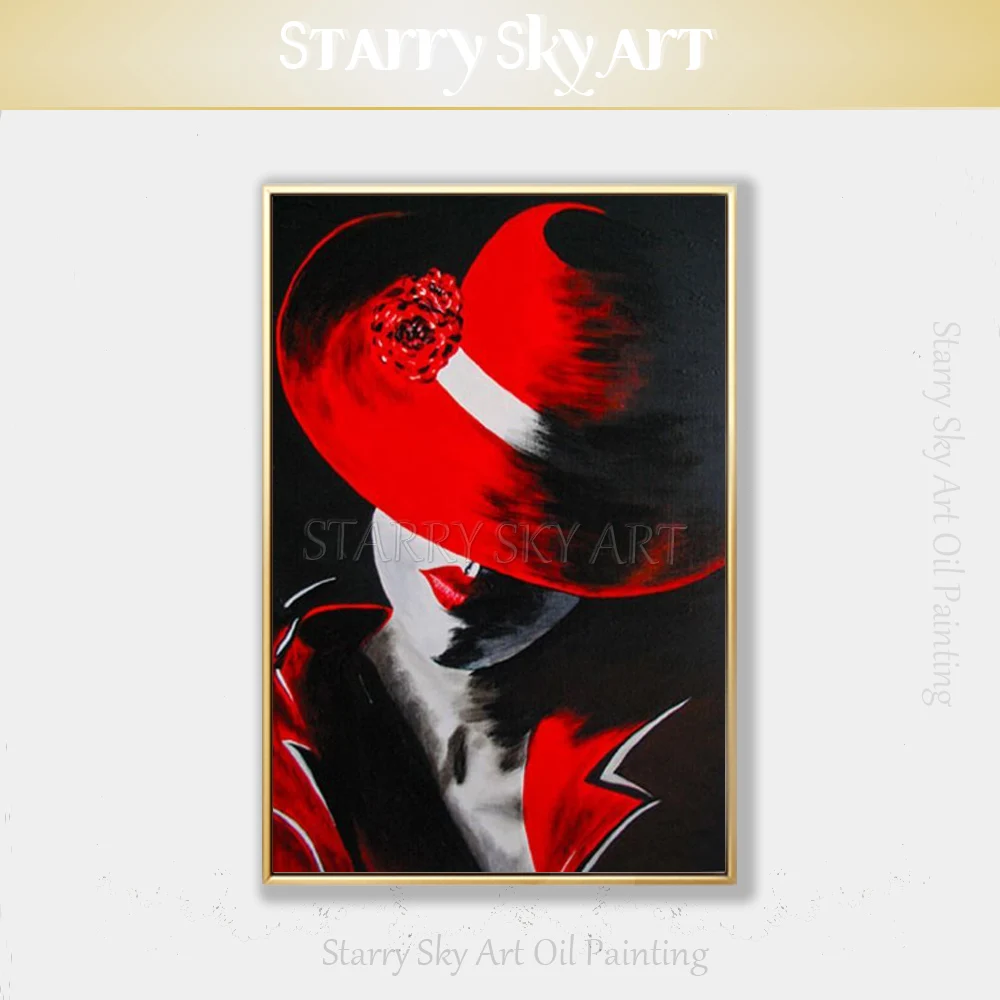 Beautiful Wall Art Fine Lady with Red Hat Oil Painting on Canvas Special Portrait for Decoration | Дом и сад