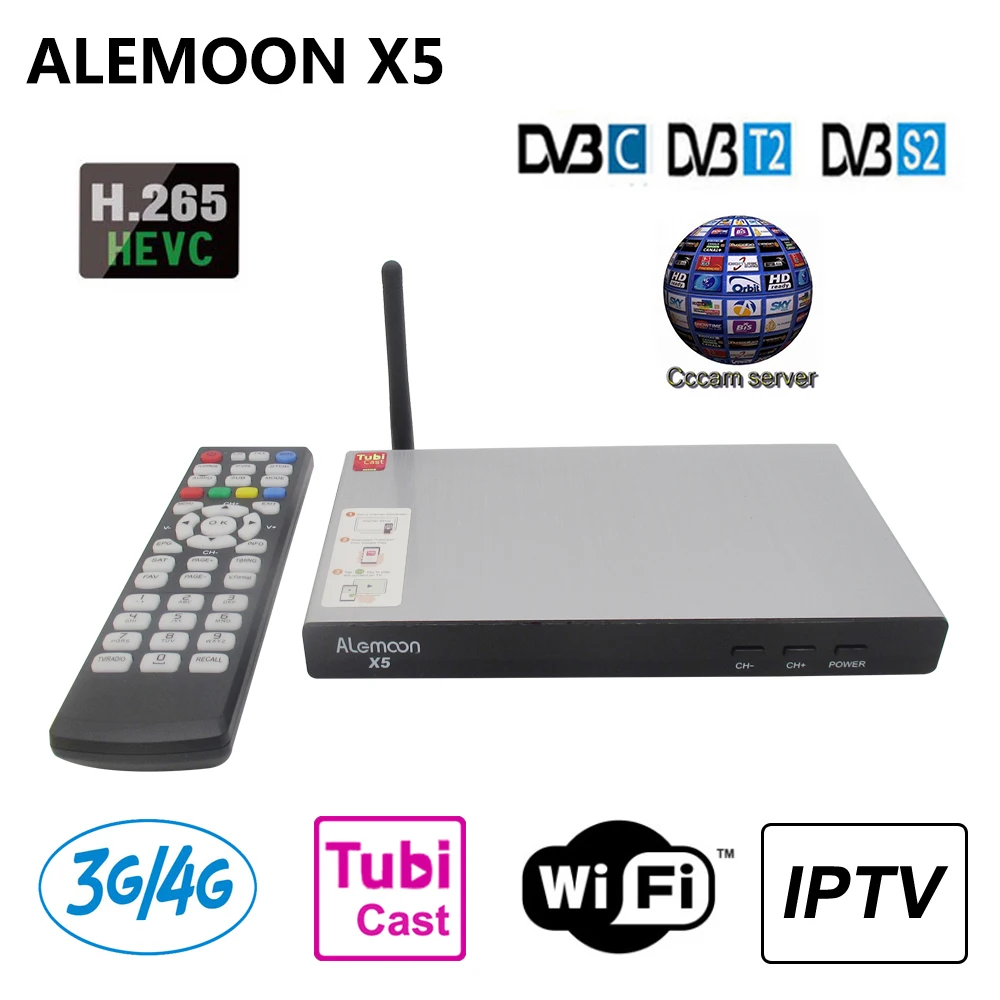 Alemoon X5 DVB-T2 DVB-S2 DVB-C-цифра спутниковый телевизионный ресивер H.265 приемное устройство+ 1 год Европа Cccam линий для Испания Италия Wi-Fi IP TV Box литой