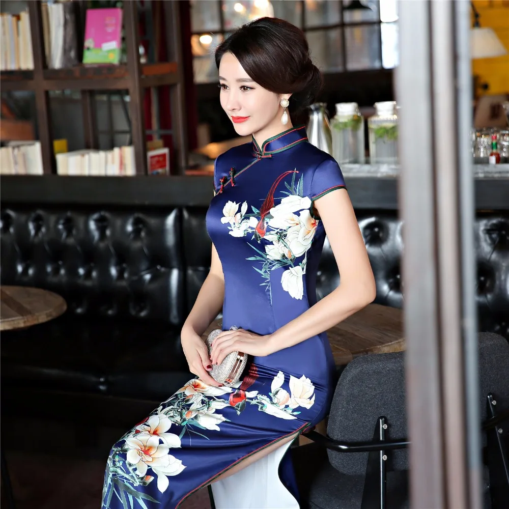 Шанхай история искусственного шелка Qipao Платье длинное Cheongsam национальный тренд платья короткий рукав тонкий Традиционный китайский платье для женщин