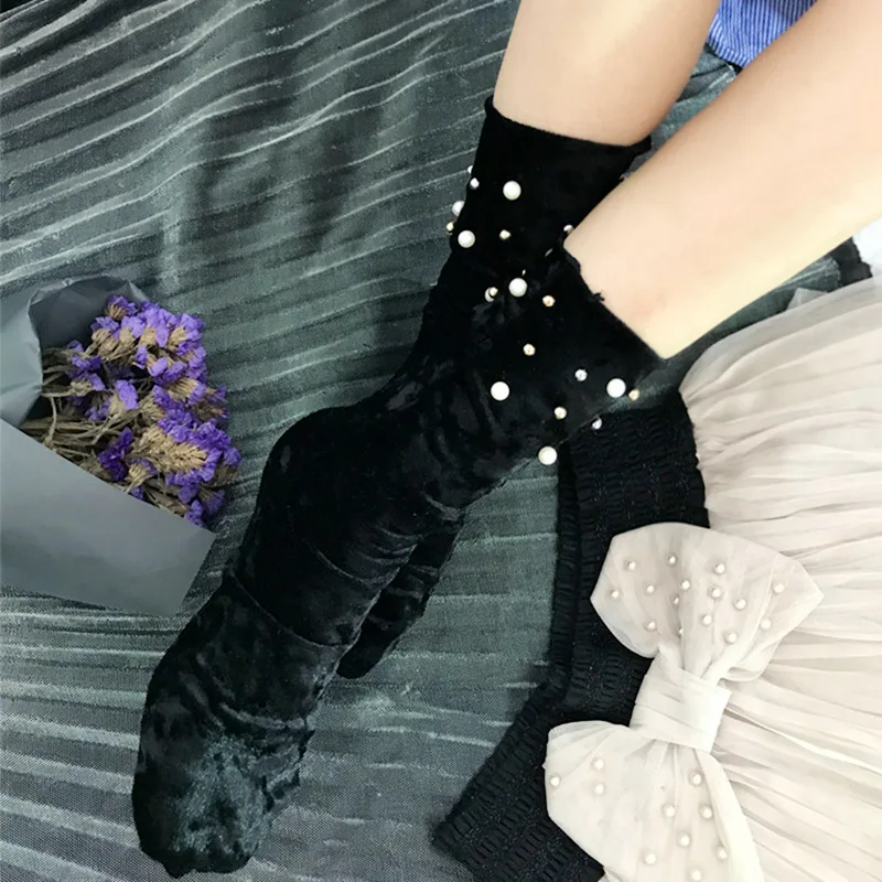 Женские носки с бусинами новые золотые бархатные в Корейском стиле жемчугом