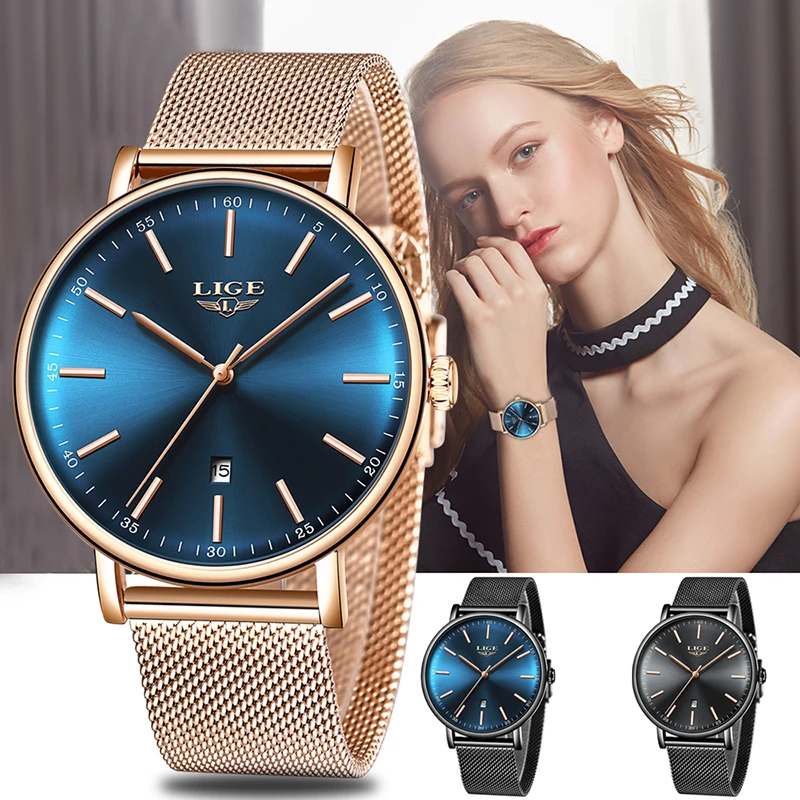 

LIGE Women Watches Top Brand Luxury Ladies Mesh Belt Ultra-thin Watch Stainless Steel Waterproof Clock Quartz Watch Reloj Mujer