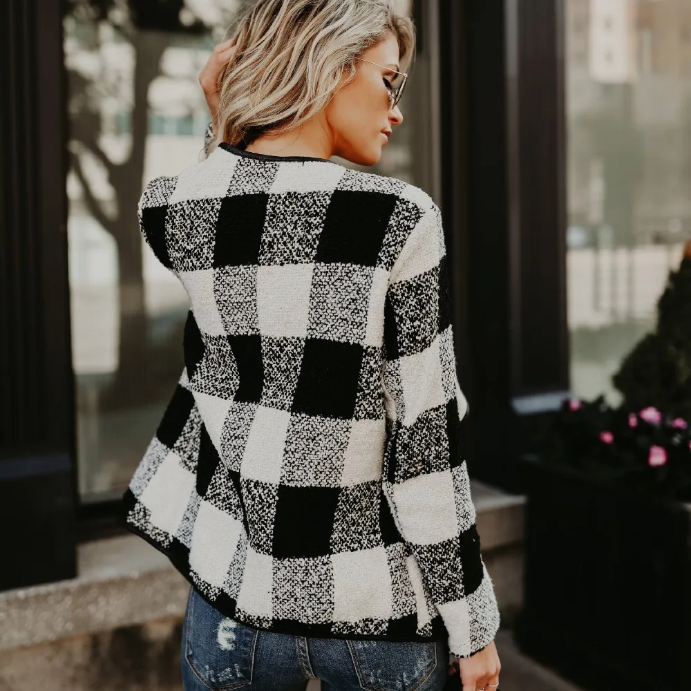 Autumn Knitted Sweaters Long Sleeve Plaid Pattern Cardigan Women Casual Outwear Warm Feminine Loose Cardigans |