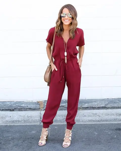 High quality Sexy V-Neck Pleated Waist Pocket Rompers Jumpsuit clothes Loose Cross Overalls Black Red Short Sleeve Playsuit