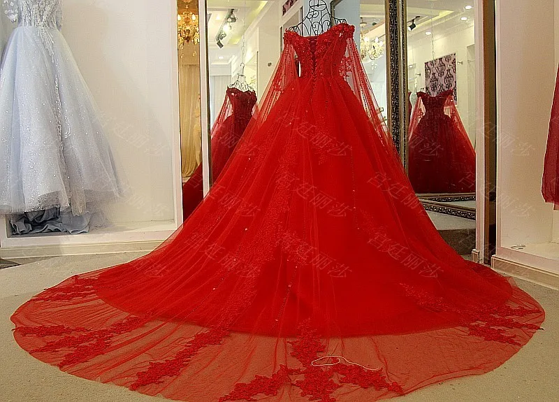 LS54710 Red cheap Wedding Dress Robe Mariage Femme 2018 Tulle v-neck Ball Gown Lace Up Back Princess With Cape | Свадьбы и торжества