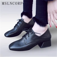 size 34 43 spring autumn new luxury brand women genuine leather shoes square heels femme zapatos mujer lace up casual shoes