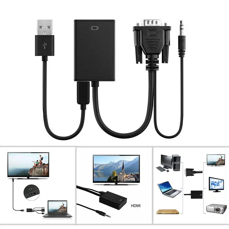Видеокабель BEESCLOVER для ПК ноутбуков и HD-ТВ-проекторов VGA штекер-HDMI 1080P HD + аудио ТВ AV