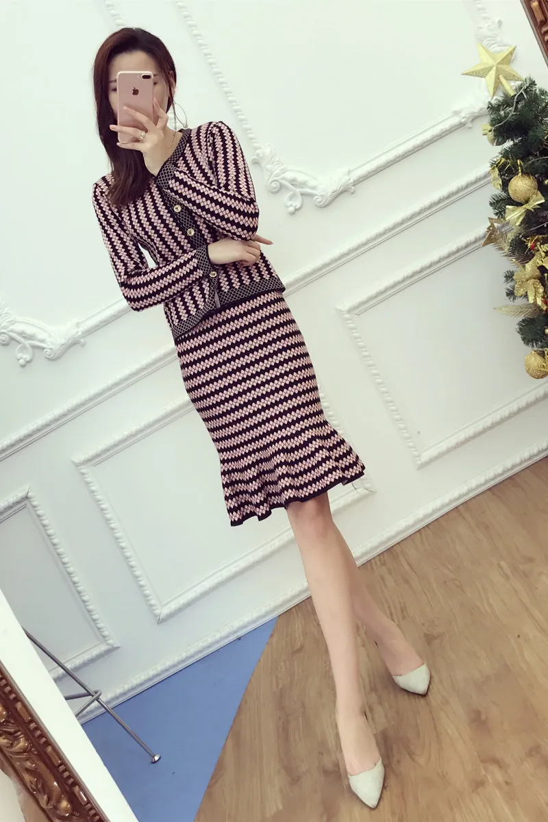 2017 офисный женский элегантный вязаный кардиган + ступенчатая юбка комплект из 2