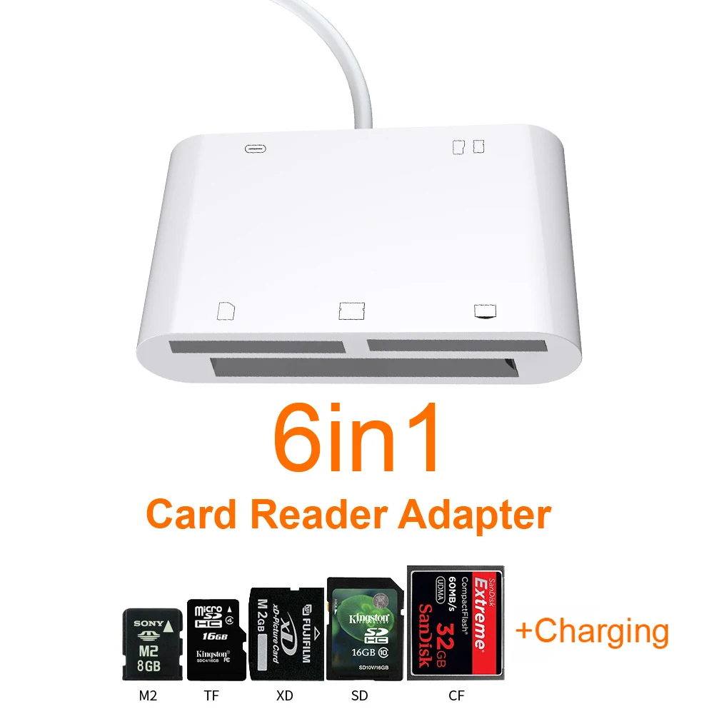 6в1 SD TF SDHC CF XD M2 кардридер зарядный адаптер для IPhone XS MAX XR 3в1 SD TF CF карта писатель для IPhone X 5S 6 7 8 Plus