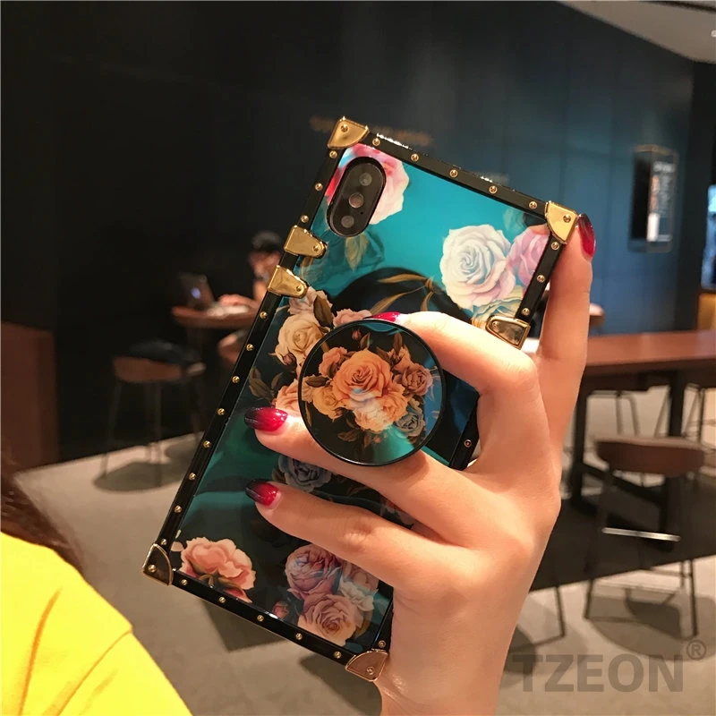 CC Camellia чехол для телефона IPhone XSmax XR XS X 8 8Plus 7 7Plus 6S 6Plus цветочный синий луч квадратный заклепки ретро розетка Крышка