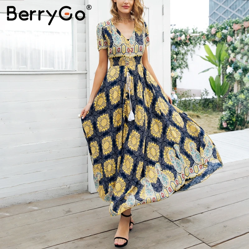 Женское длинное пляжное платье с высокой талией BerryGo цветочным принтом и