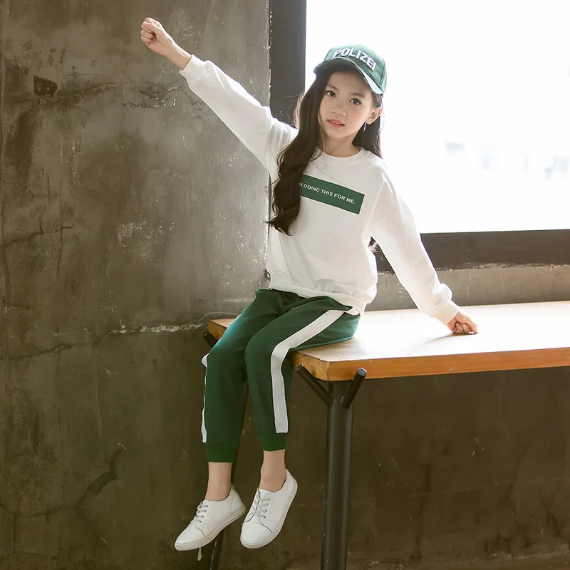 

Girls Clothing Set 4-12 Y Autumn Hoodless Letters Hoodies 2 PCS Set (Hoodie+ Sports Pant) Fashion Stripe Spring Hoodies Suits