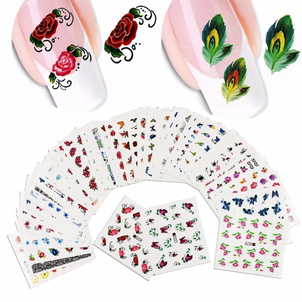 50 листов наклейки для ногтей с водяными знаками смешанные цветы Мультяшные