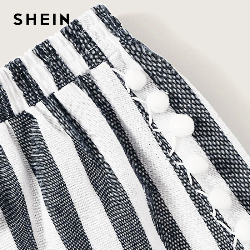 SHEIN модный топ-бандо с завязками спереди и шорты с помпонами, комплект, летний комплект из двух предметов в синюю полоску без рукавов с открытыми плечами