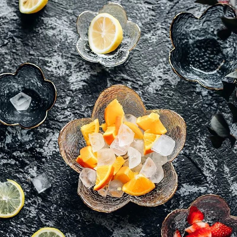 Gold rimed elegant glass salad bowls Cherry blossoms fruit candy | Дом и сад