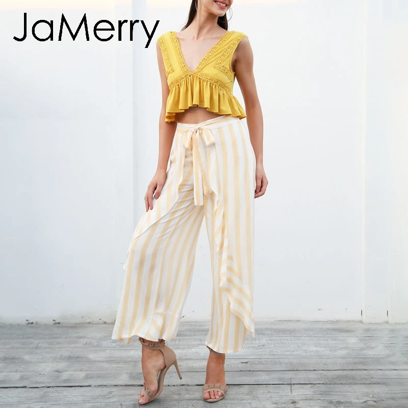 JaMerry Boho Сексуальная полоса широкие брюки для женщин Нижняя Sash ruffle штаны с