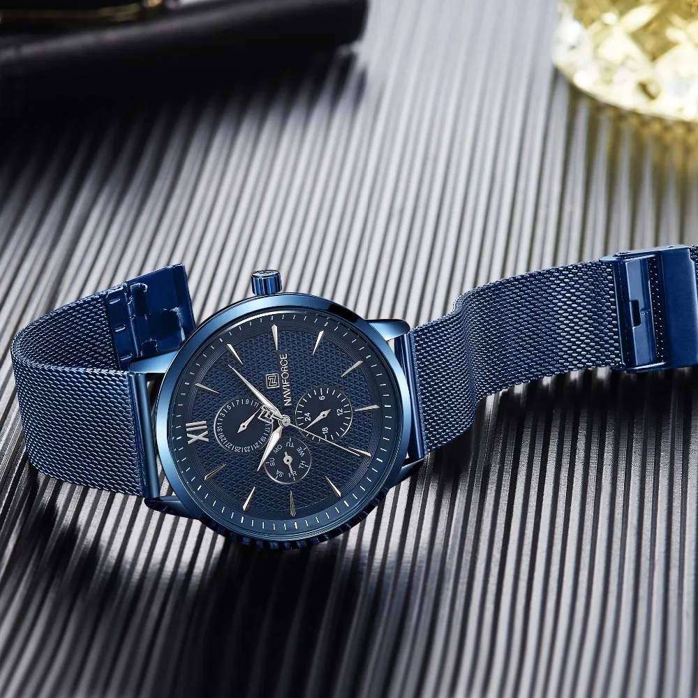 NAVIFORCE часы тонкие мужские Роскошные Синие из нержавеющей стали