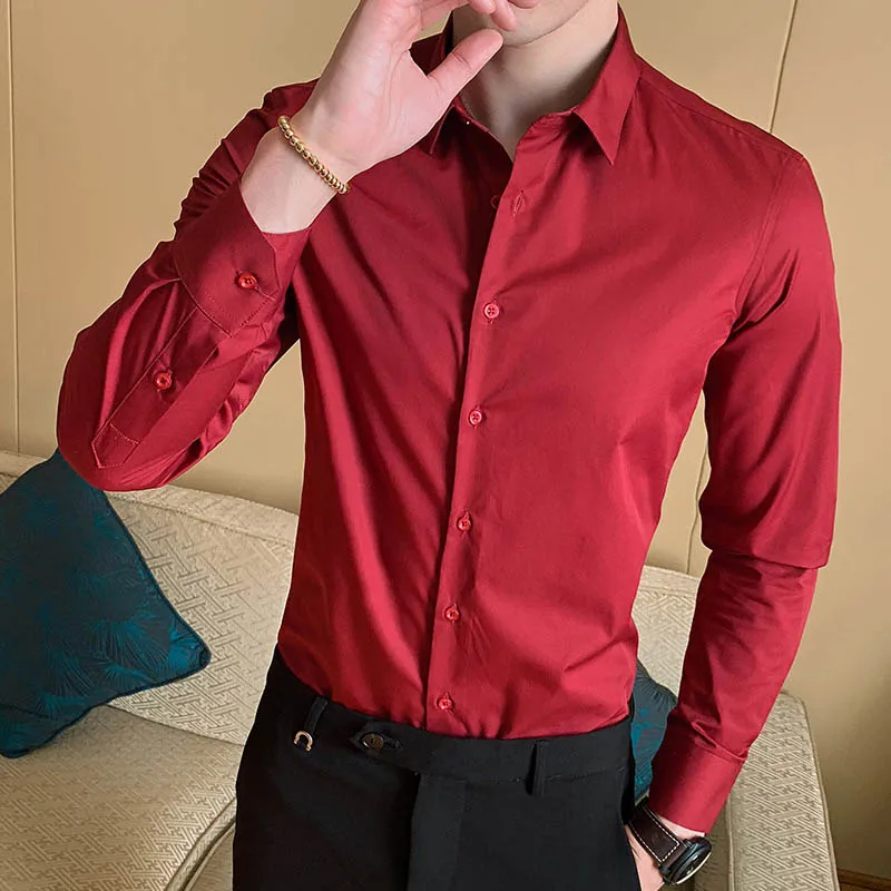 Фото Рубашка мужская приталенная с длинным рукавом хлопок корейский стиль