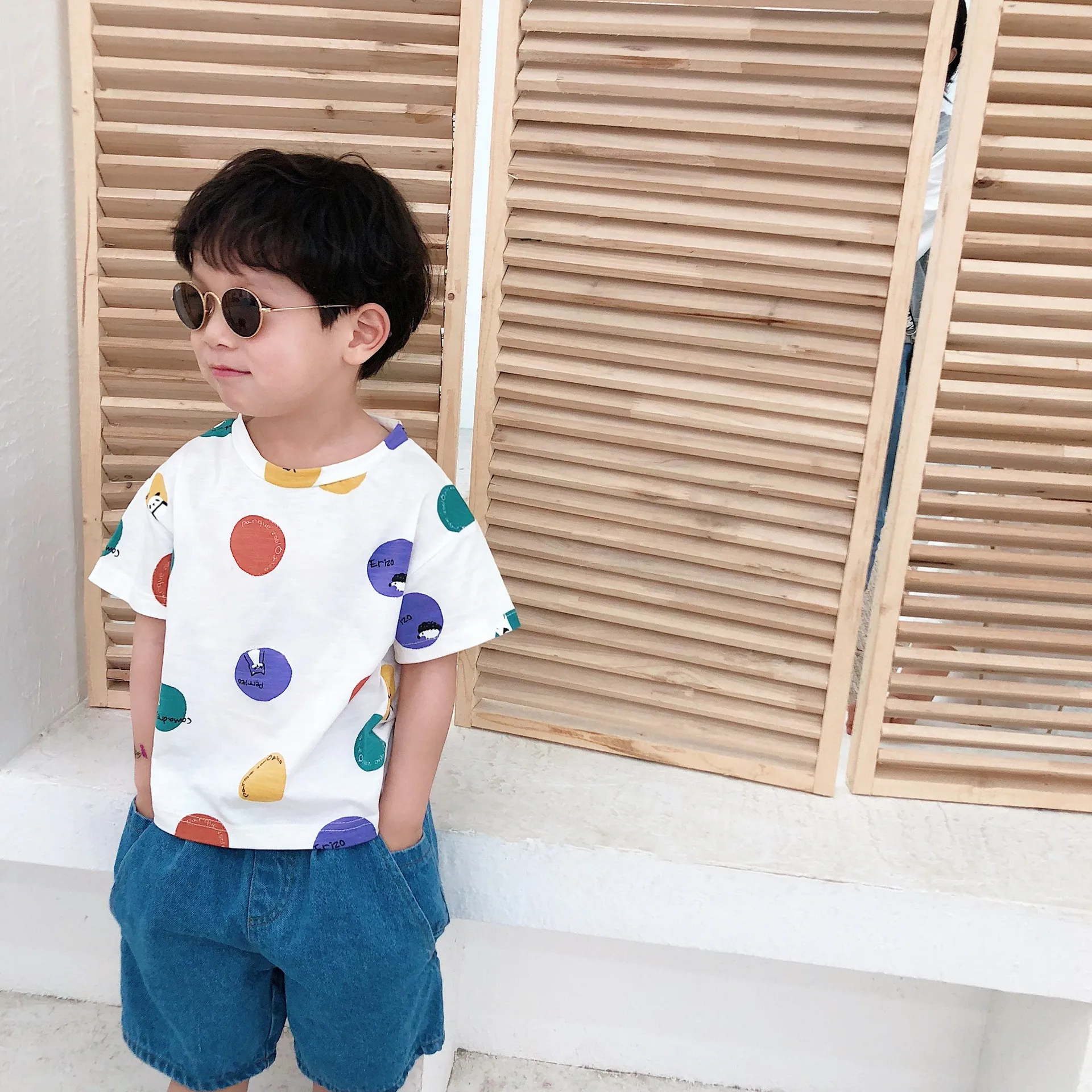 Корейский стиль летние модные хлопковые футболки в горошек для мальчиков