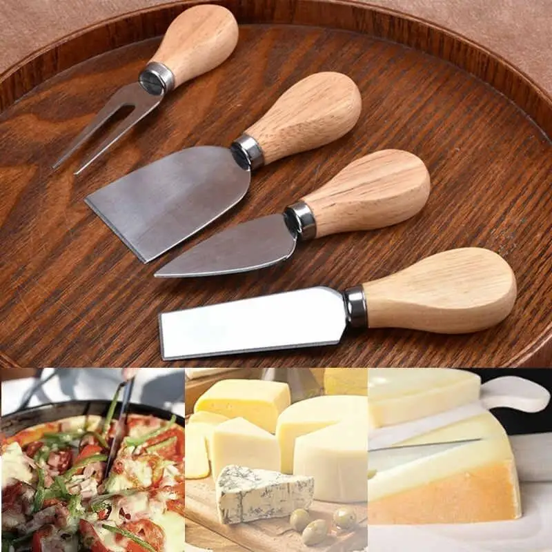 

4pcs/set Cheese Useful Tools Set Oak Handle Knife Fork Shovel Kit Graters For Cutting Baking Chesse Board Sets LX5739