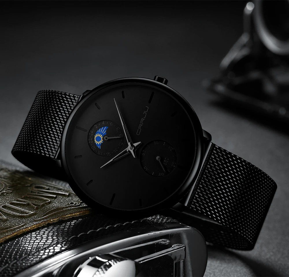 Модные часы CRRJU мужские полностью Стальные наручные Роскошные Кварцевые