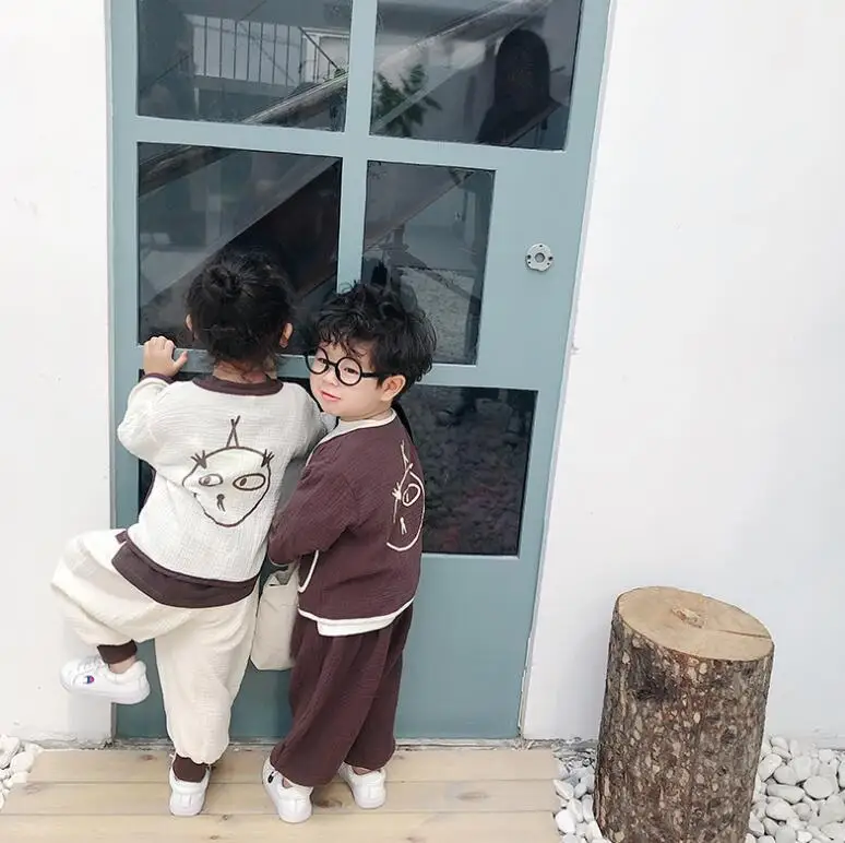 Japanese style boys girls cartoon pure cotton clothes sets kids single-breasted long sleeve jacket+ loose pants 2pcs suits